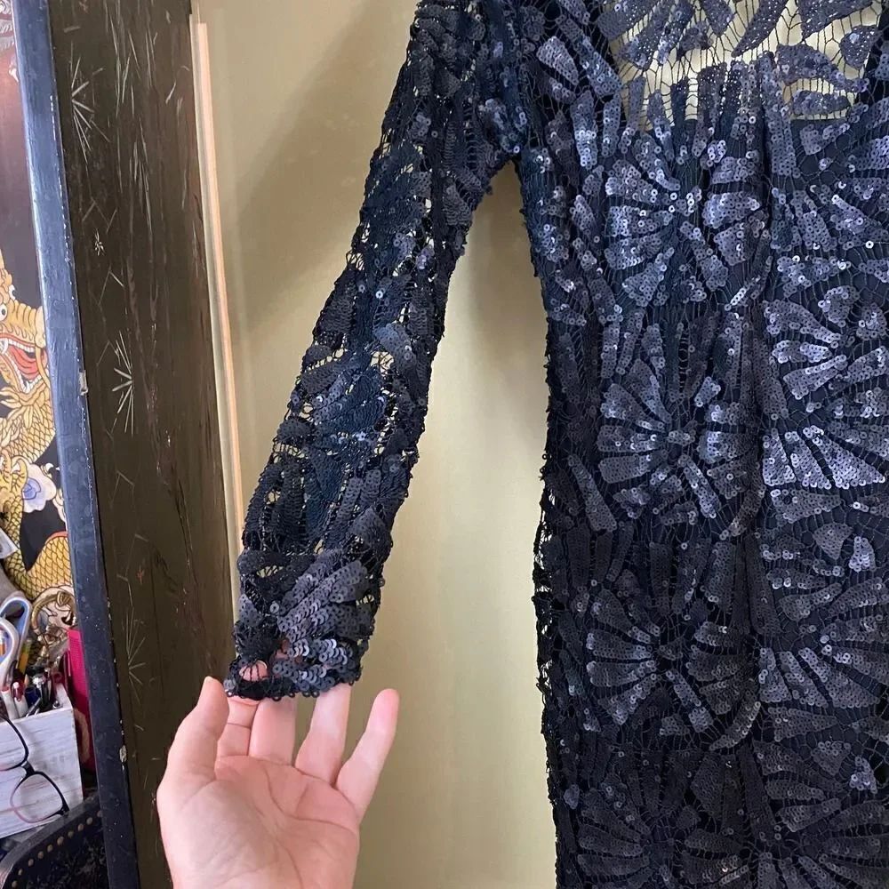 SKY Brand Black Fayina Sequined Lace Leather Trimmed Dress Size Small - Picture 12 of 15